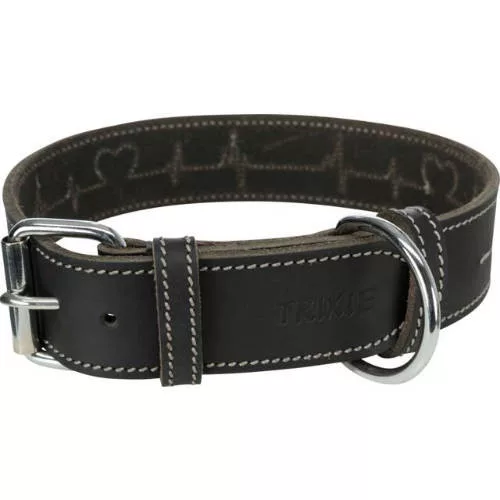 Trixie Greased Leather Collar bőr nyakörv fekete szívritmus mintával