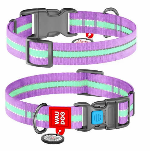 WAUDOG nyakörv QR kódos, műanyag gyors csattal fényvisszaverős L 20mm, 28-40cm lila