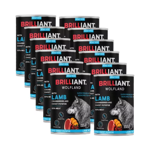 12X400g Brilliant Wolfland Bárány Vörösáfonya Éburgonya kutya konzerv