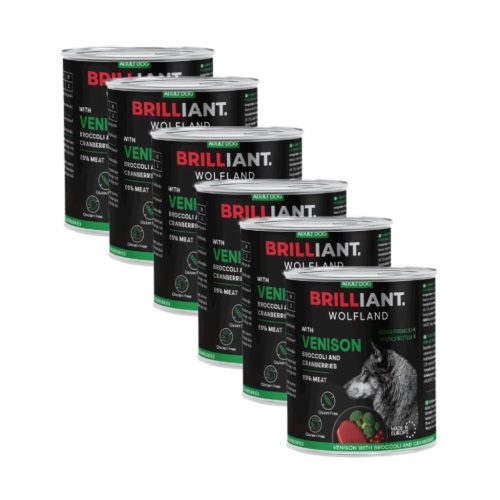 6X800 g Brilliant Wolfland Szarvas Brokkoli Vörösáfonya kutya konzerv
