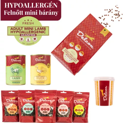 Delcon Hypoallergén Mini Lamb kutyatáp csomag jutalomfalatválogatással